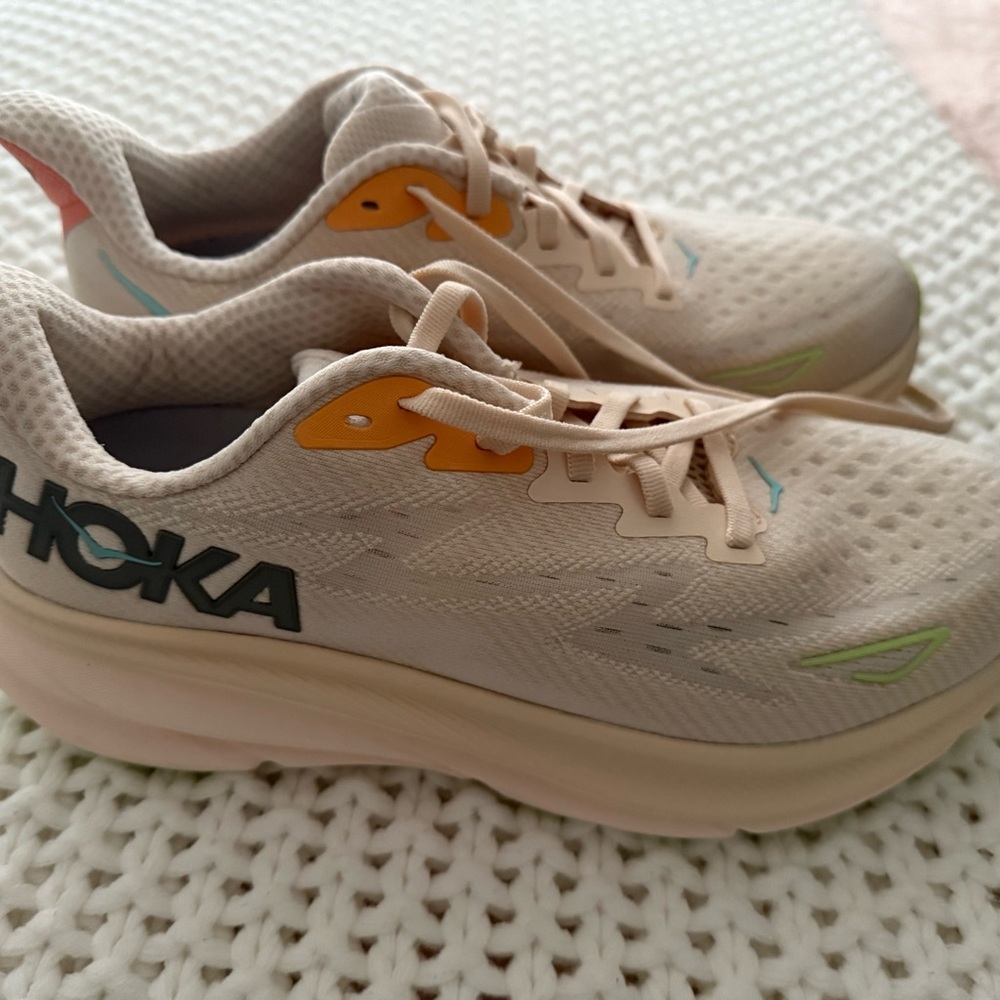 Hoka Clifton 9 Blush with orange, green and blue accents Sneakers